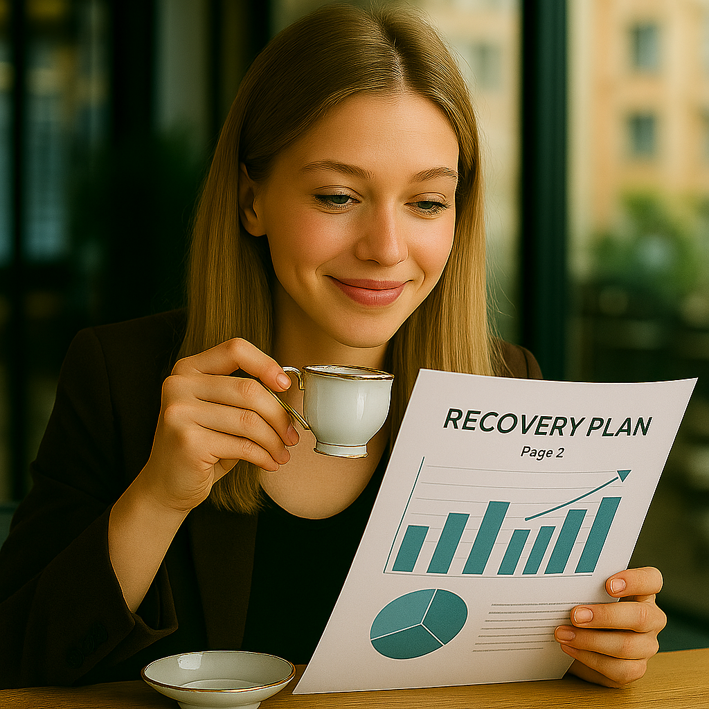 Investor sipping espresso while analyzing recovery plan