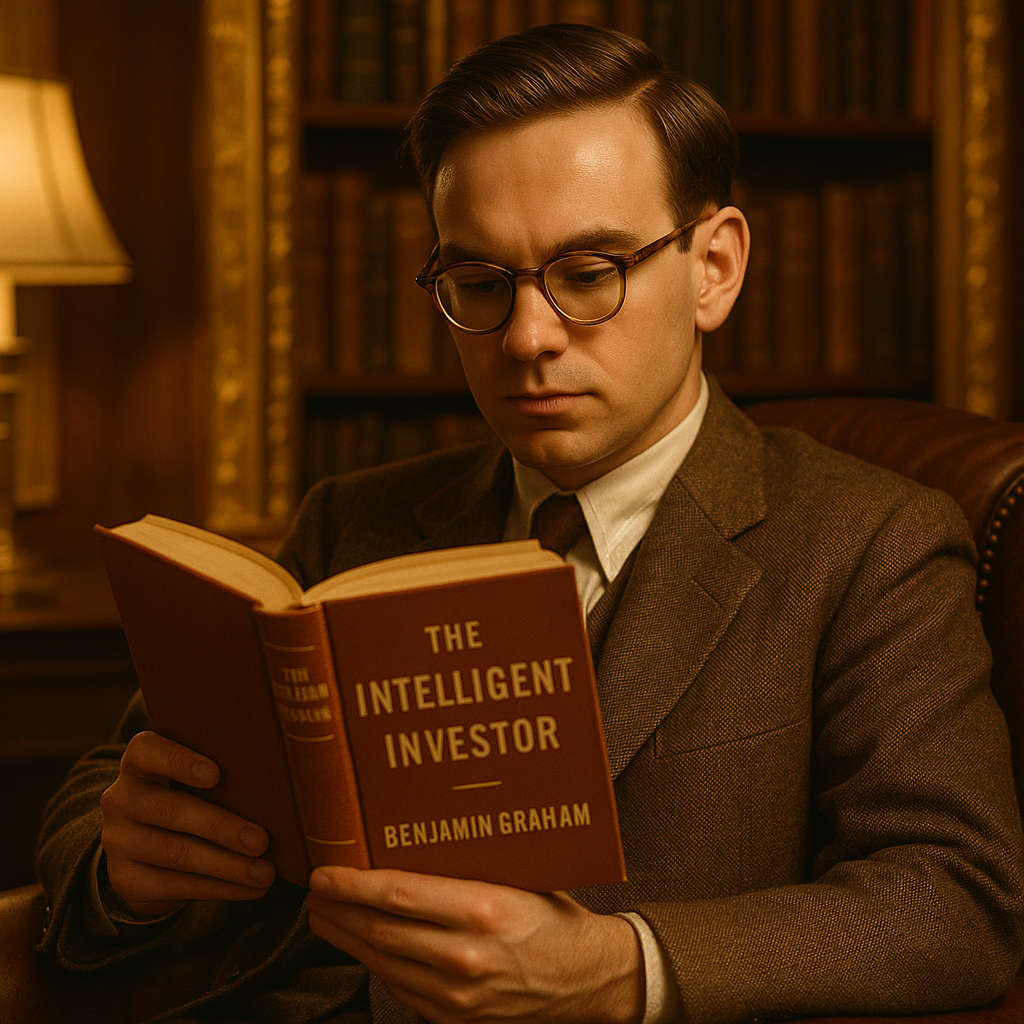 Warren Buffett reading The Intelligent Investor by Benjamin Graham in a quiet study, symbolizing disciplined investing