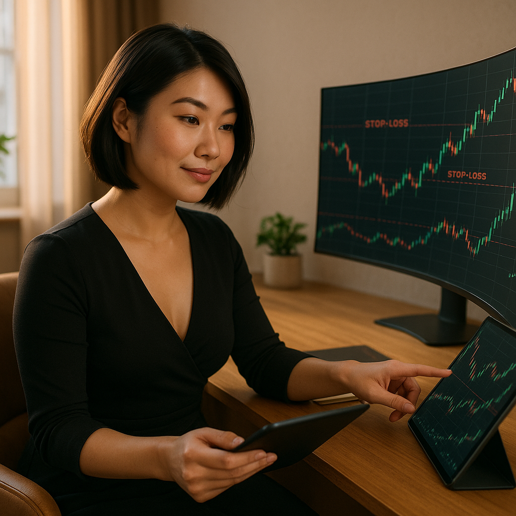 Calm investor reviewing stop-loss strategy in cozy home office