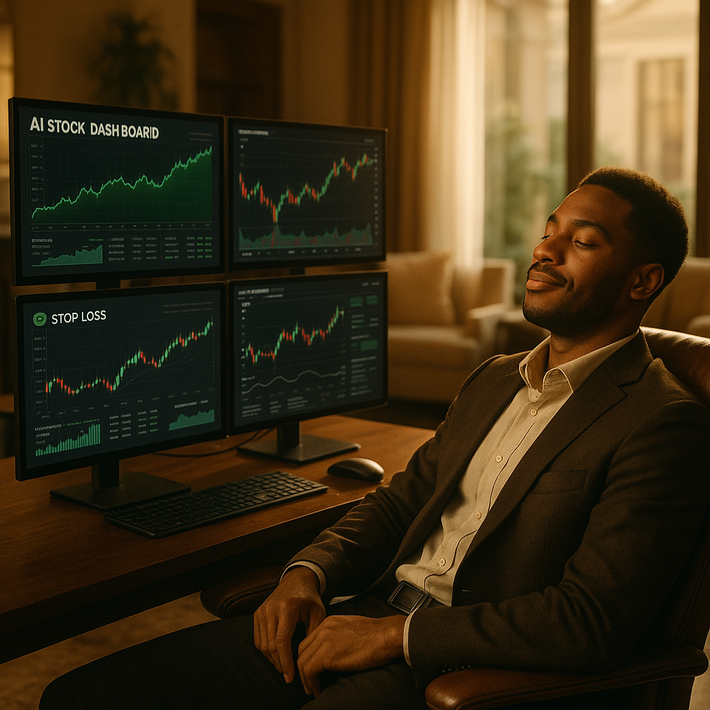 Investor reflecting after profit-taking decision, with trade closed and portfolio charts in background