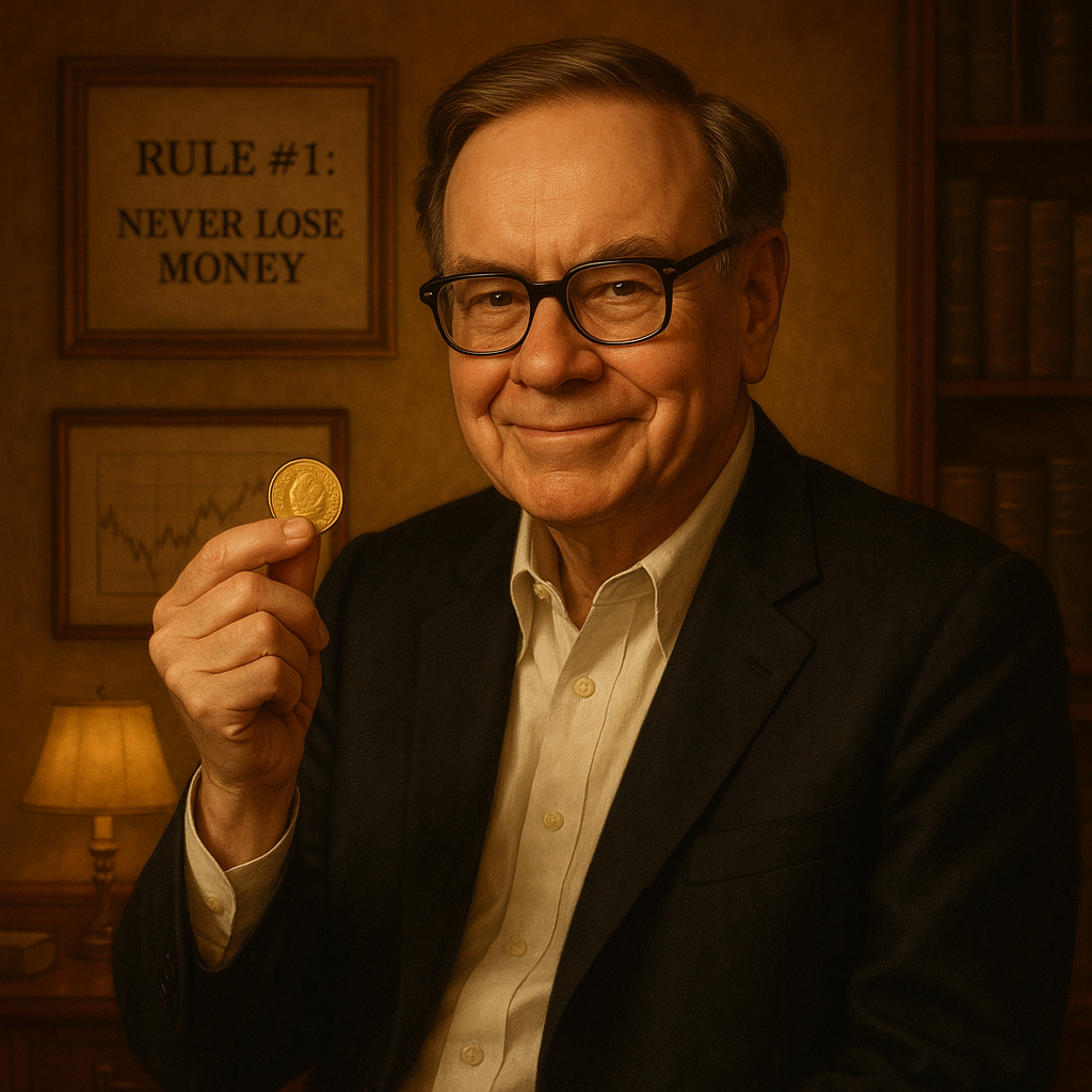 Warren Buffett holding gold coin with quote on hard assets